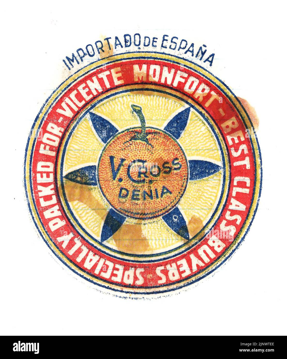 Fresh fruit tissue paper wrapper, from mid-1950s England, with grower's trade mark. Vicente Monfort, V. Cross, Denia. Spanish, picture of orange. Stock Photo