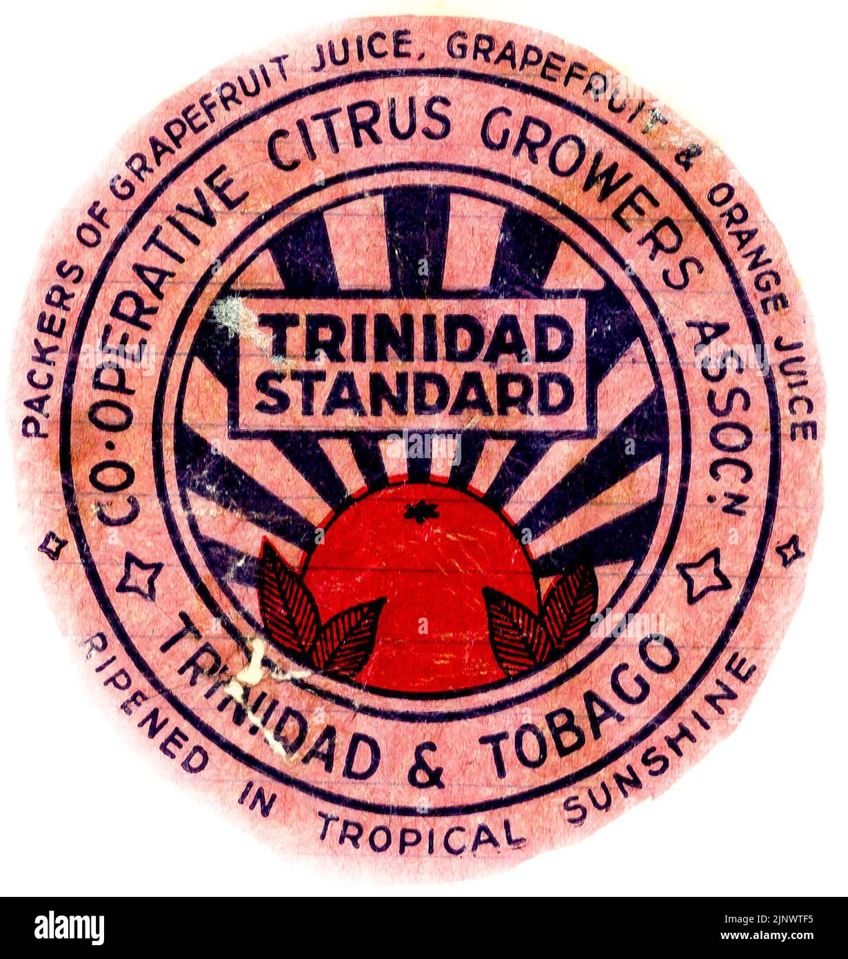 Fresh fruit tissue paper wrapper, from mid-1950s England, with grower's trade mark.Trinidad and Tobago Co-operative Citrus Growers . Trinidad Standard. Stock Photo