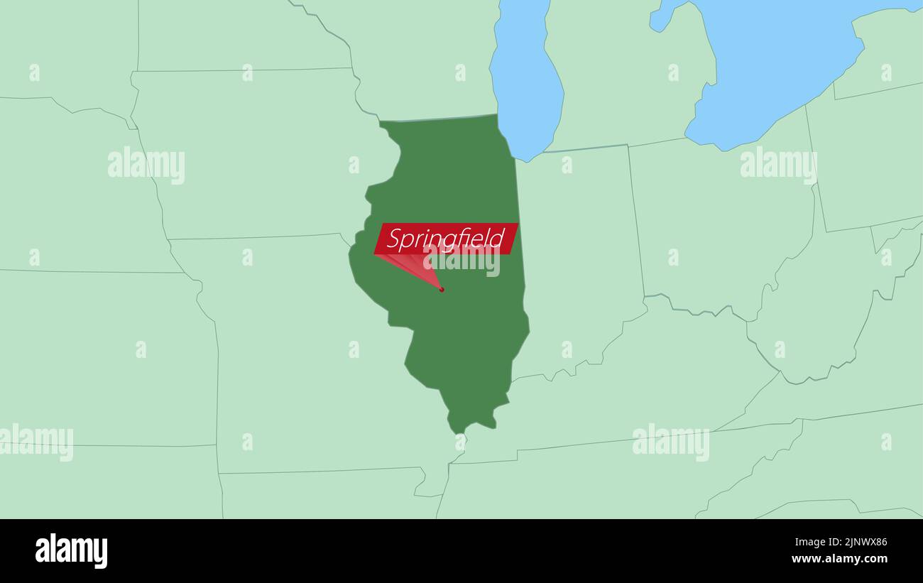 Map of Illinois with pin of country capital. Illinois Map with neighboring countries in green