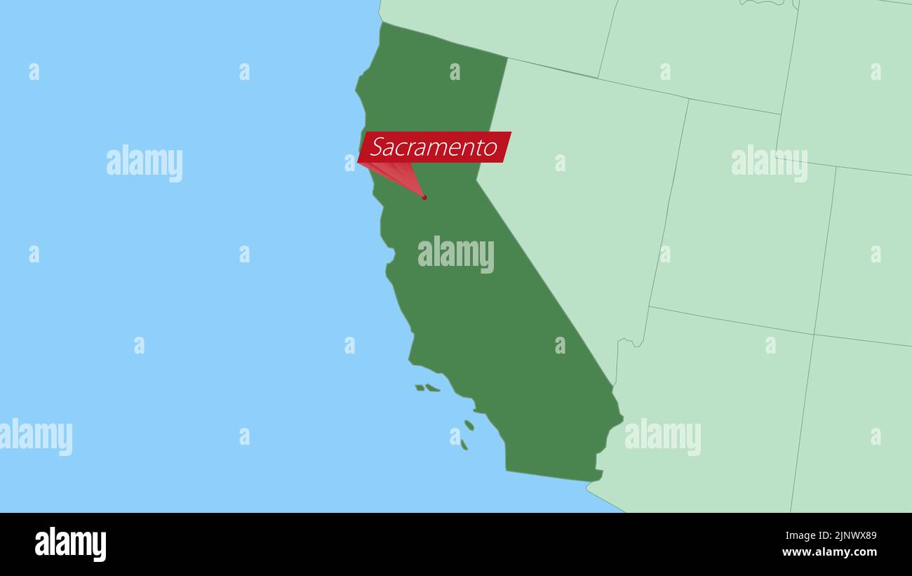 Map of California with pin of country capital. California Map with