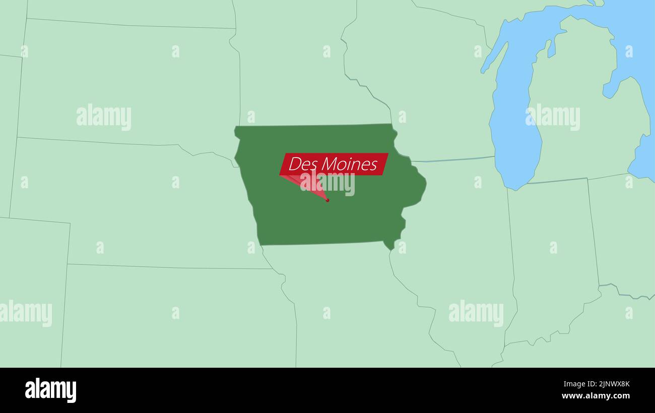Map of Iowa with pin of country capital. Iowa Map with neighboring countries in green color