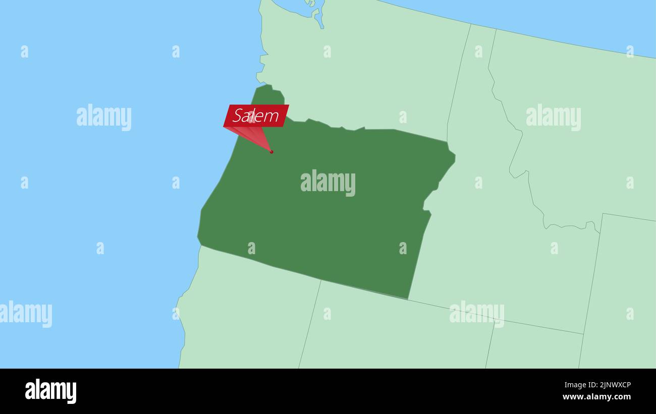 Map of Oregon with pin of country capital. Oregon Map with neighboring countries in green color