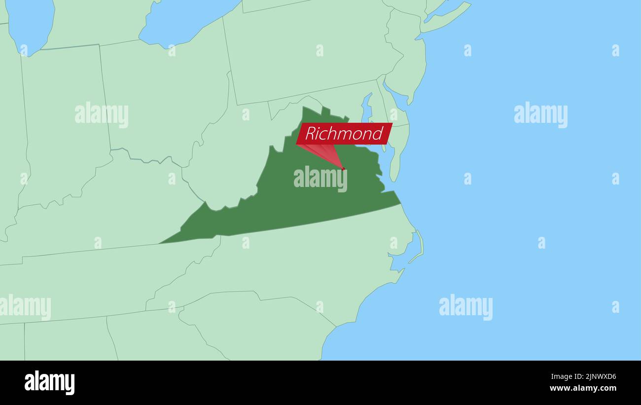 Map of Virginia with pin of country capital. Virginia Map with