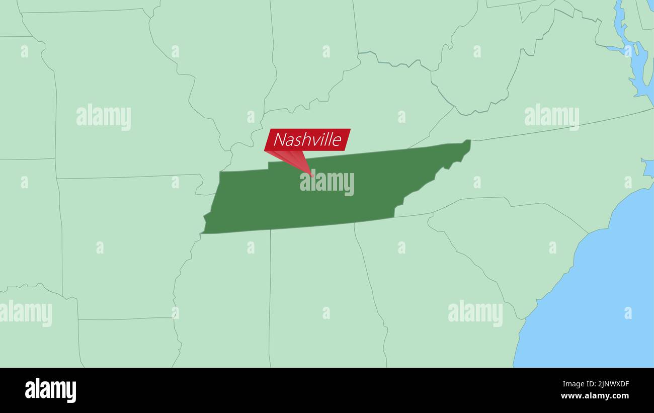 Map of Tennessee with pin of country capital. Tennessee Map with