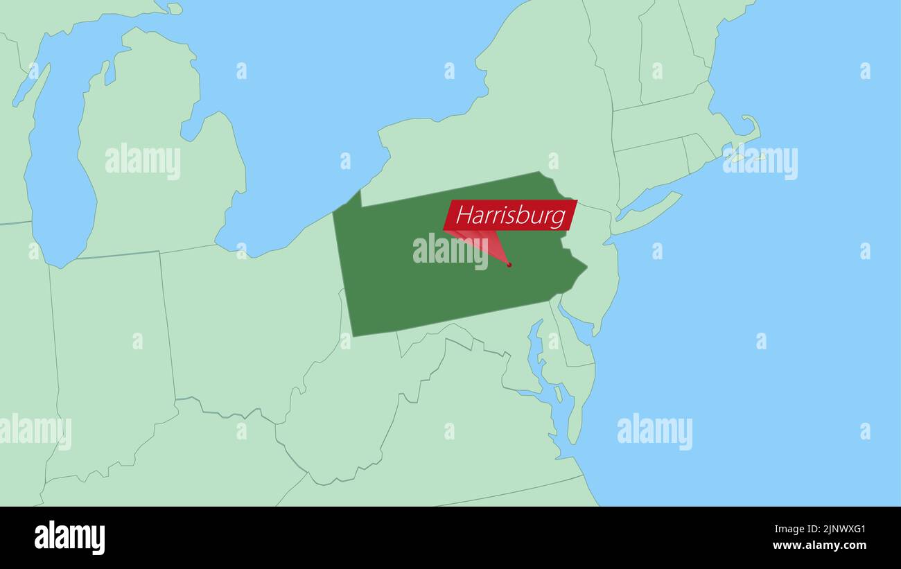 Map of Pennsylvania with pin of country capital. Pennsylvania Map with neighboring countries in