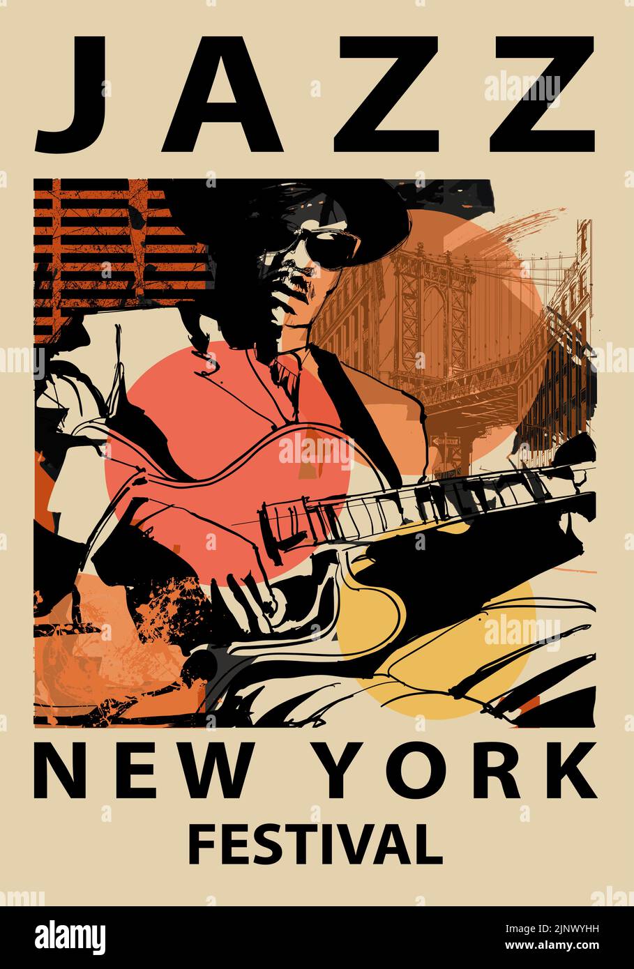Jazz poster with guitar player in New York, Brooklyn - Vector illustration (Ideal for printing, poster or wallpaper, house decoration) Stock Vector