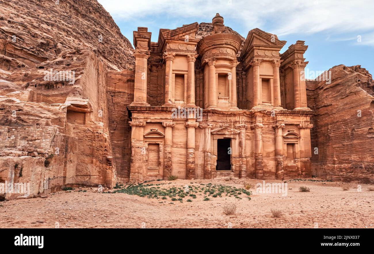 Ad Deir - Monastery - ruins carved in rocky wall at Petra Jordan Stock Photo