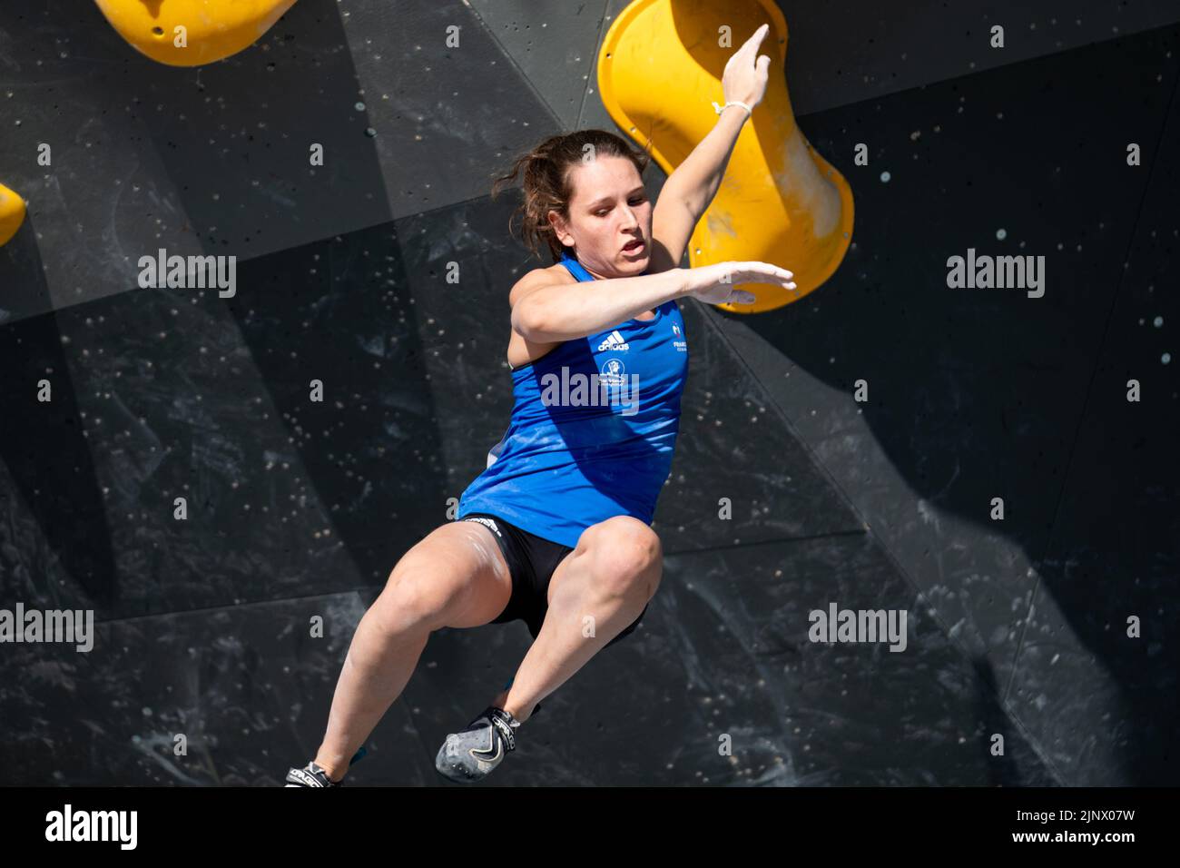 Munich, Germany. 14th Aug, 2022. Munich, Germany, August 14th 2022: Flavy Cohaut (FRA) in action during the Sport Climbing Women's Boulder Semi Final at Koenigsplatz at the Munich 2022 European Championships in Munich, Germany (Liam Asman/SPP) Credit: SPP Sport Press Photo. /Alamy Live News Stock Photo