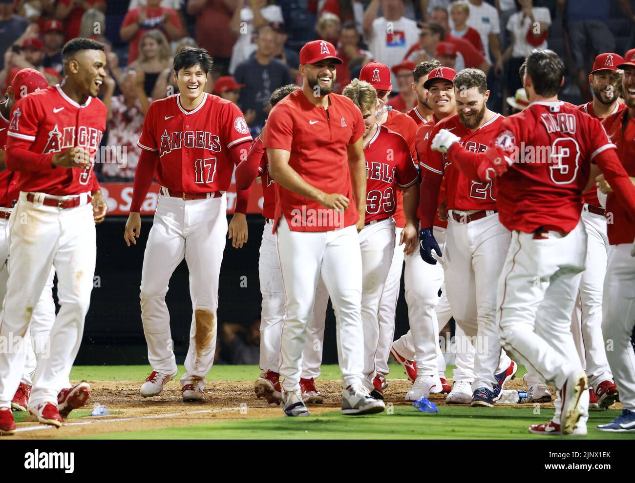 The Los Angeles Angels' Taylor Ward (3) celebrates with teammates after hitting a walk-off two-run home run in the 11th inning of a baseball game against the Minnesota Twins on Aug. 13, 2022, at Angel Stadium in Anaheim, California. (Kyodo)==Kyodo  Photo via Newscom Stock Photo