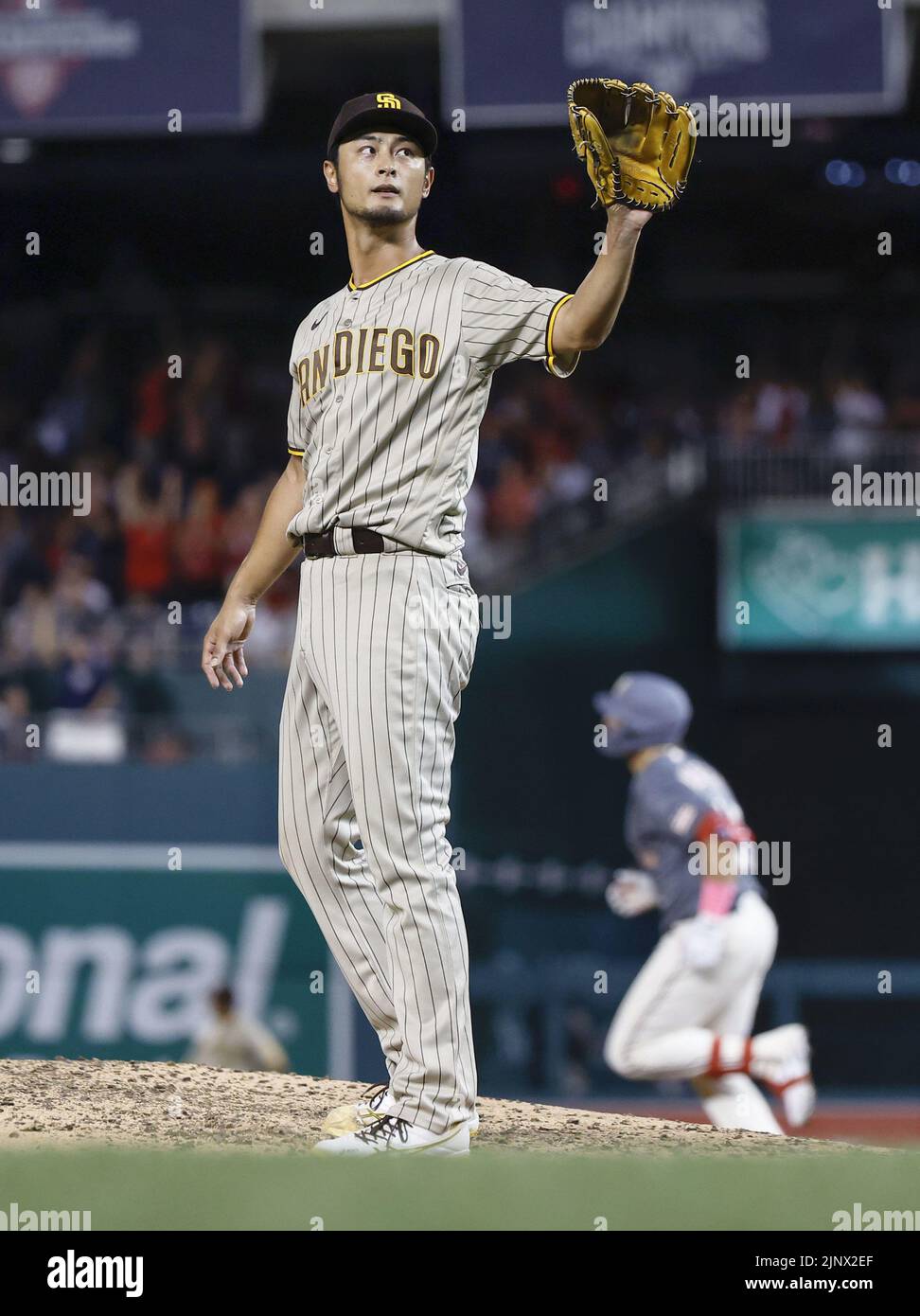 San Diego Padres pitcher Yu Darvish is pictured after allowing a game-tying solo home run to the Washington Nationals' Joey Meneses (bottom R) in the sixth inning at Nationals Park in Washington on Aug. 13, 2022. (Kyodo)==Kyodo  Photo via Newscom Stock Photo