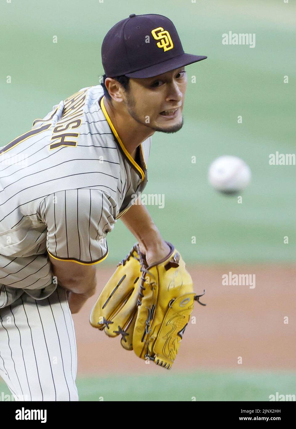Yu Darvish of the San Diego Padres pitches against the Washington Nationals in a baseball game at Nationals Park in Washington on Aug. 13, 2022. (Kyodo)==Kyodo  Photo via Newscom Stock Photo