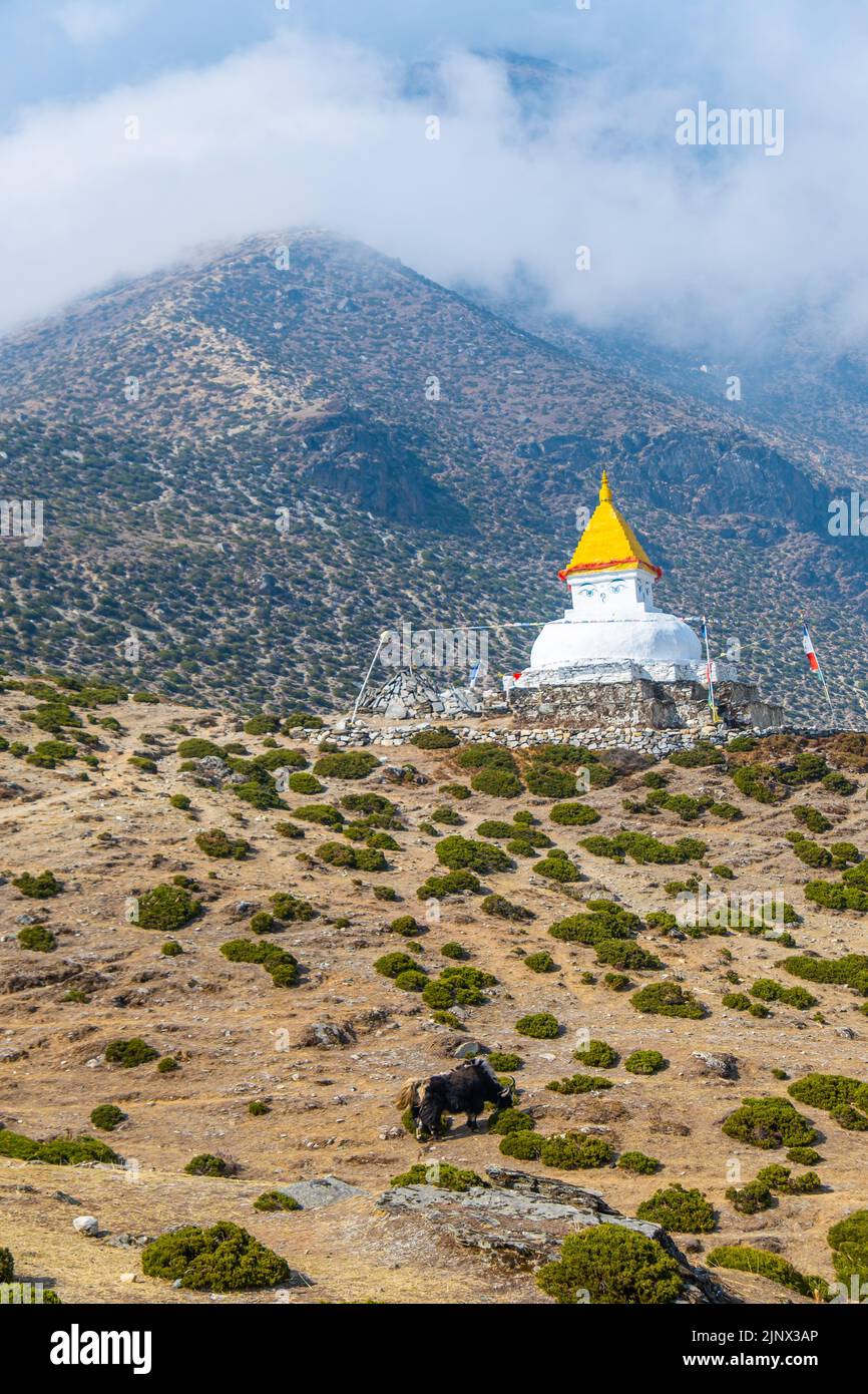 Stupa near Dingboche village with prayer flags and mounts Kangtega and