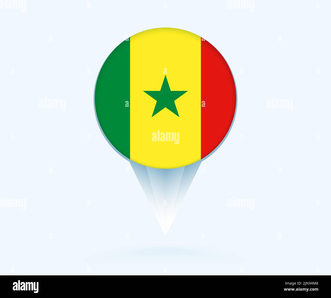 Map pointer with flag of Senegal. Vector flag sign on blue background. Stock Vector