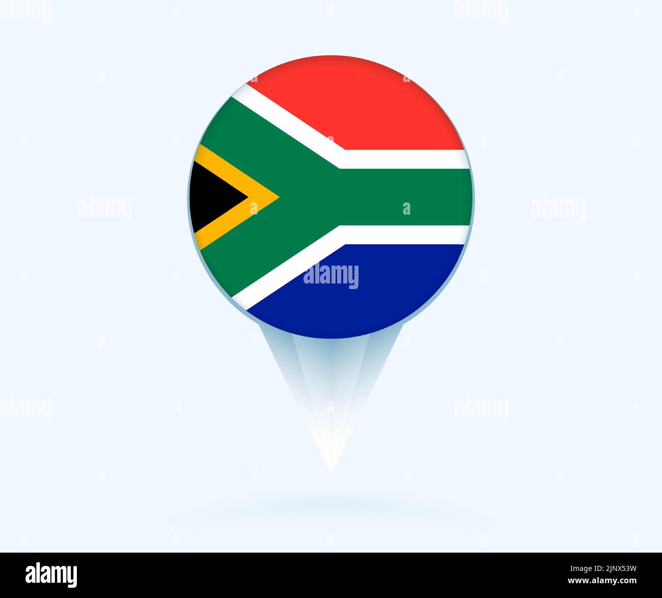Map pointer with flag of South Africa. Vector flag sign on blue background. Stock Vector