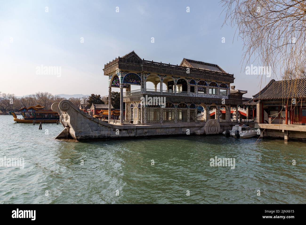 The Marble Boat Qing Dynasty pleasure pavilion at Kunming Lake at the Summer Palace in Beijing, China. Stock Photo