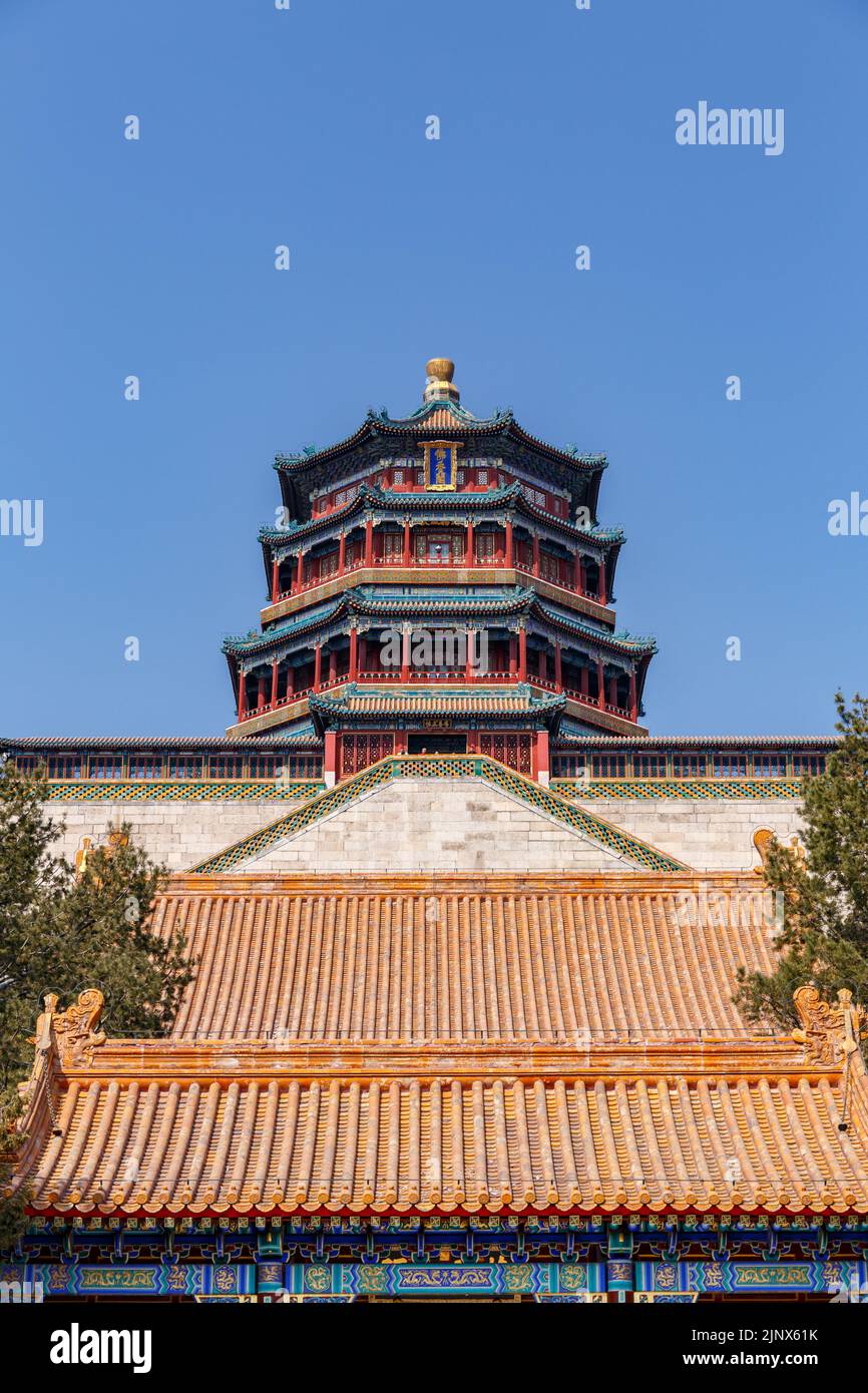 Landmark Tower of Buddhist Incense at the Summer Palace in Beijing, China in March 2018. Stock Photo