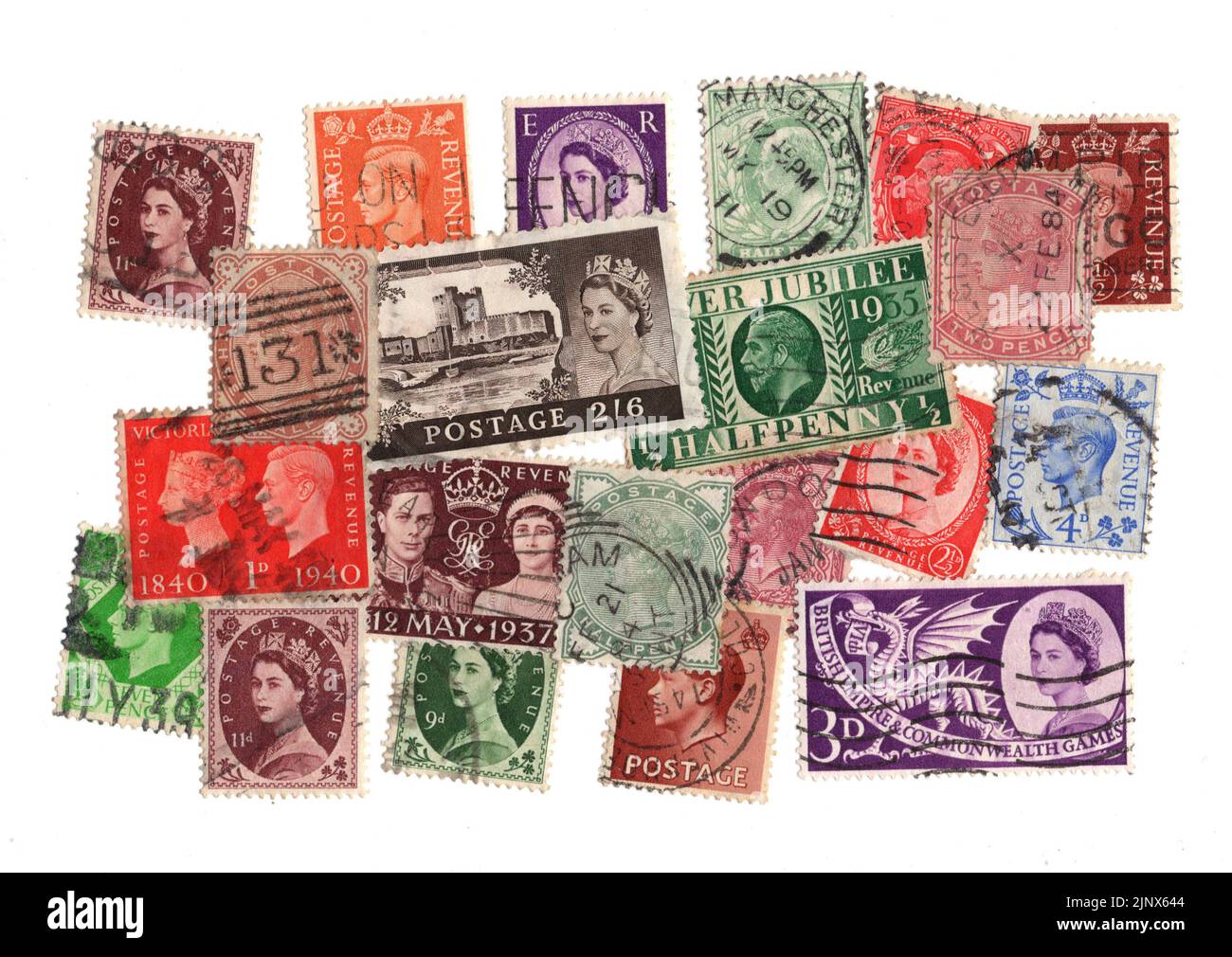 A montage of old postage stamps from Great Britain on a white
