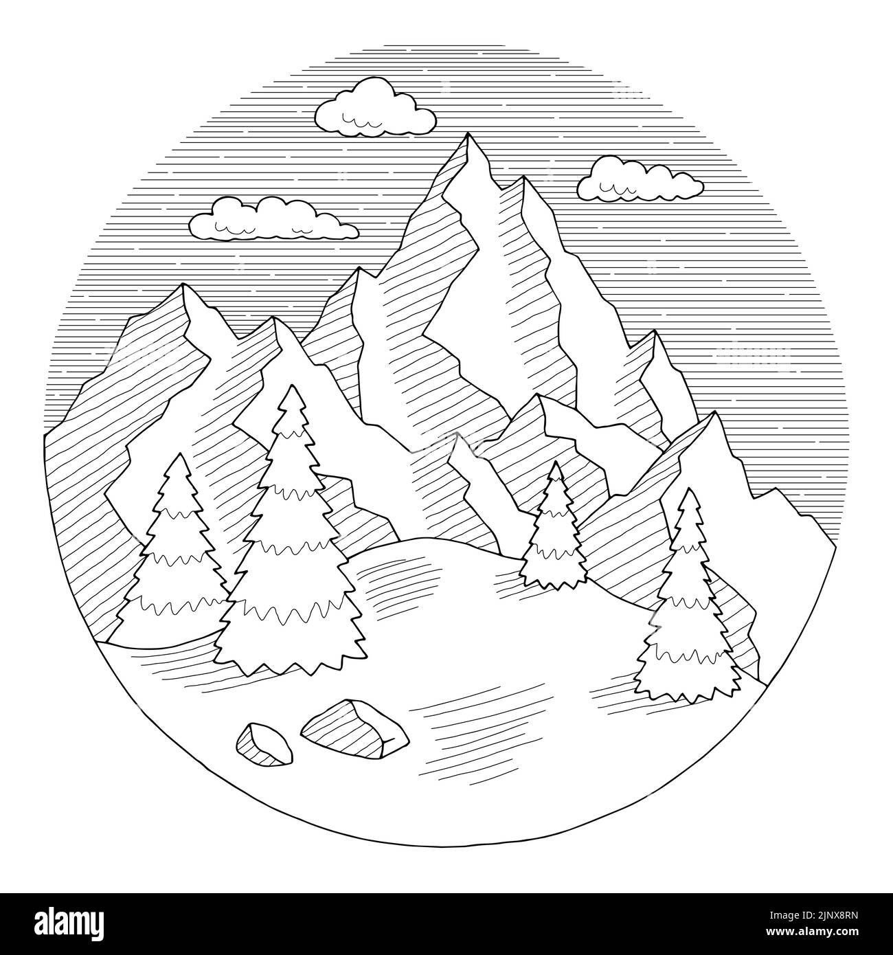 Mountain round frame range graphic black white circle landscape isolated sketch illustration vector Stock Vector