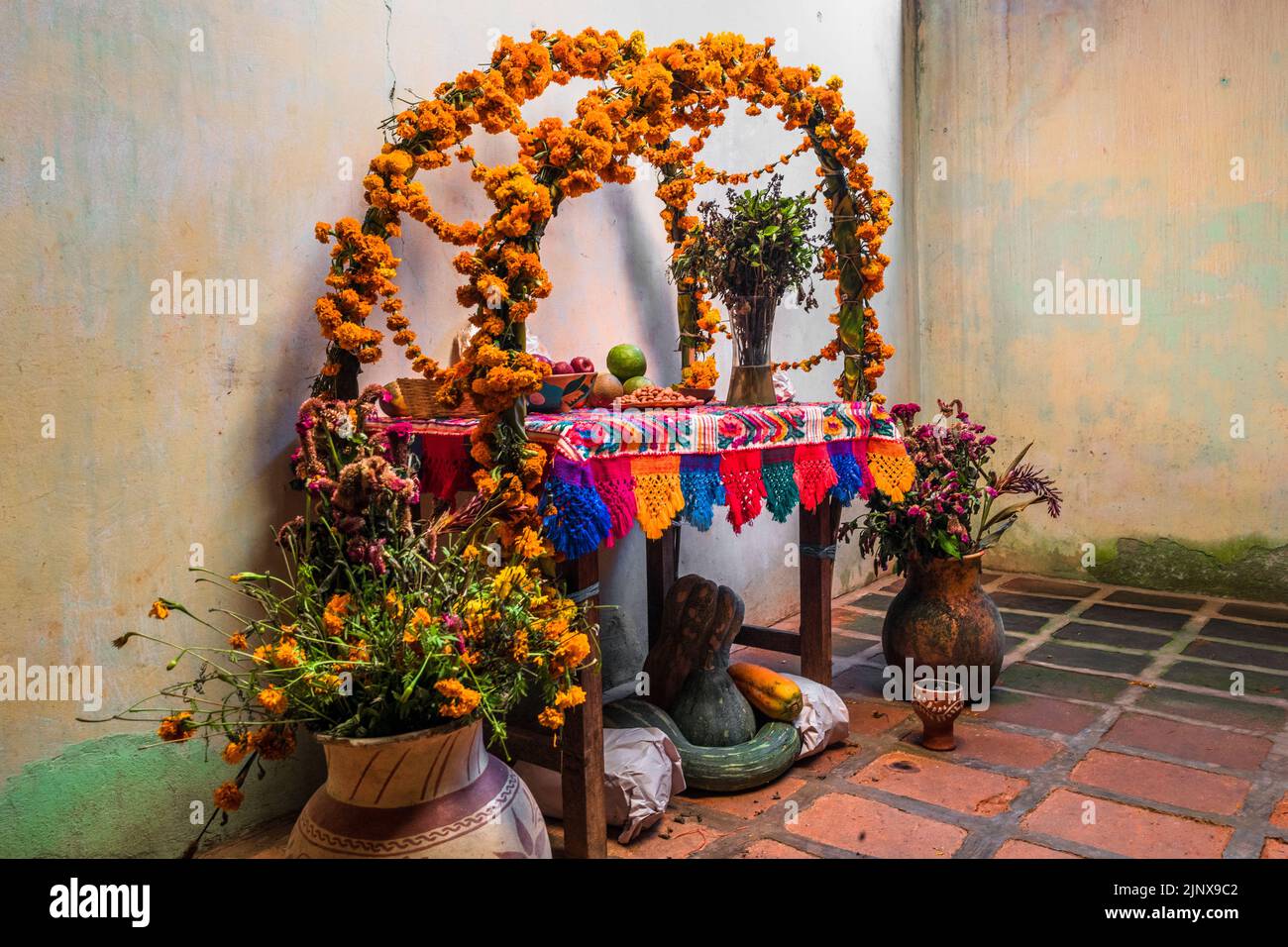 An altar of the dead (Altar de Muertos) is placed inside a house during the Day of the Dead celebrations in Xochistlahuaca, Guerrero, Mexico. Stock Photo
