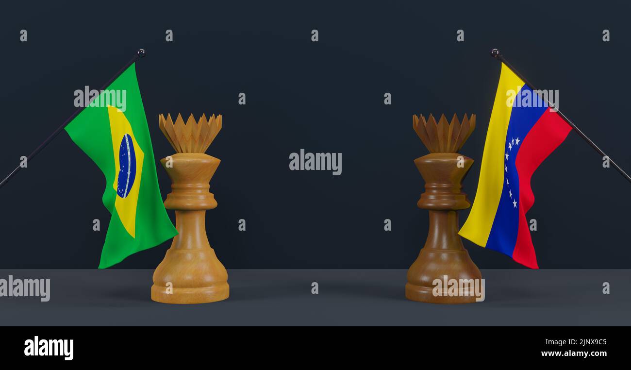 Brazil flag and Venezuela flag and chess king on chessboard, Brazil vs Venezuela countries political conflict and war concept, 3D work and 3D image Stock Photo