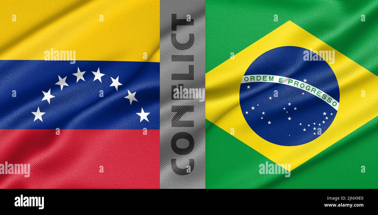 Conflict Venezuela and Brazil, war between Venezuela vs Brazil, fabric national flag Venezuela and Flag Brazil, war crisis concept. 3D work and 3D ima Stock Photo