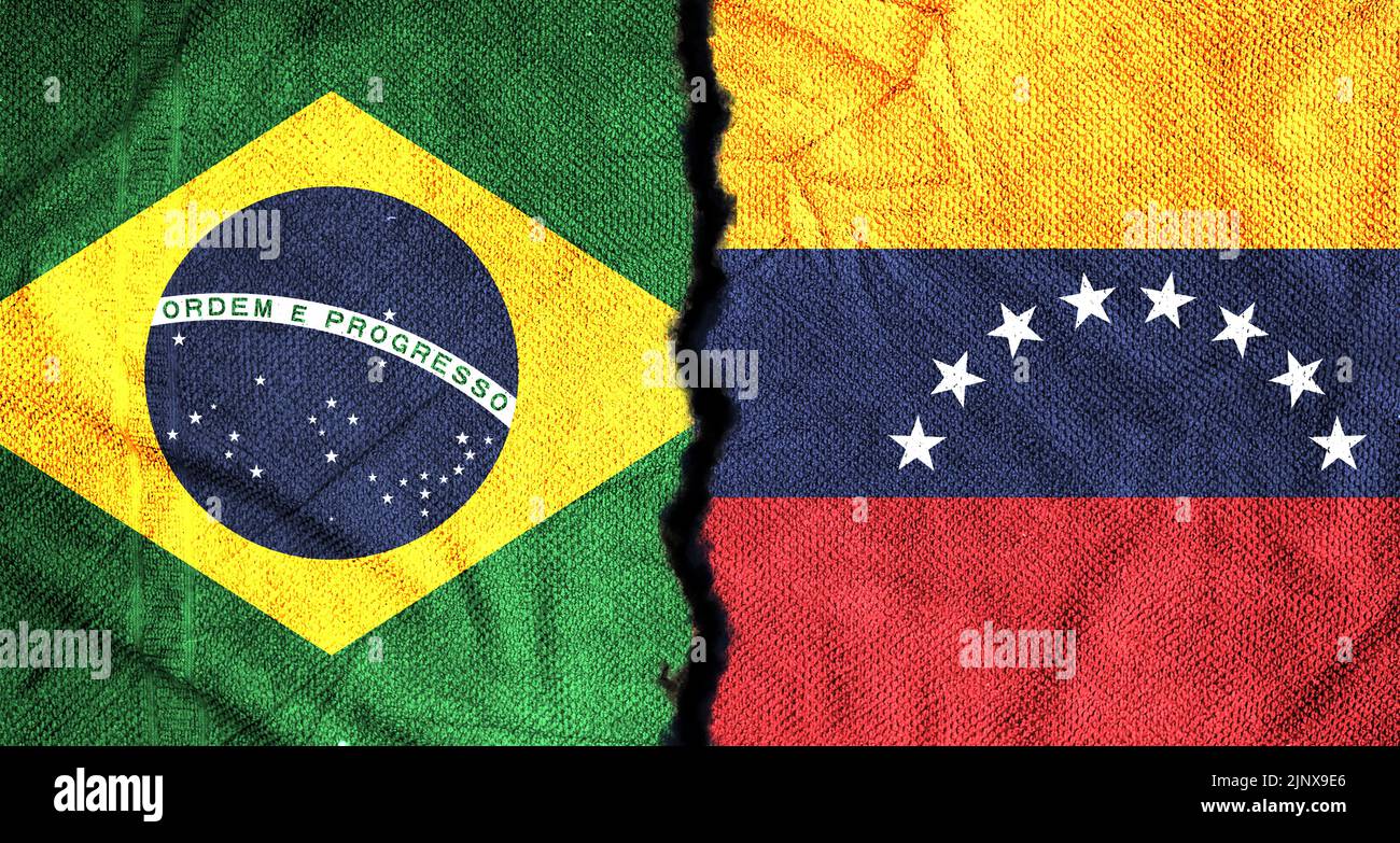 Flags of Brazil and Venezuela,  Brazil vs Venezuela in world war crisis concept Stock Photo