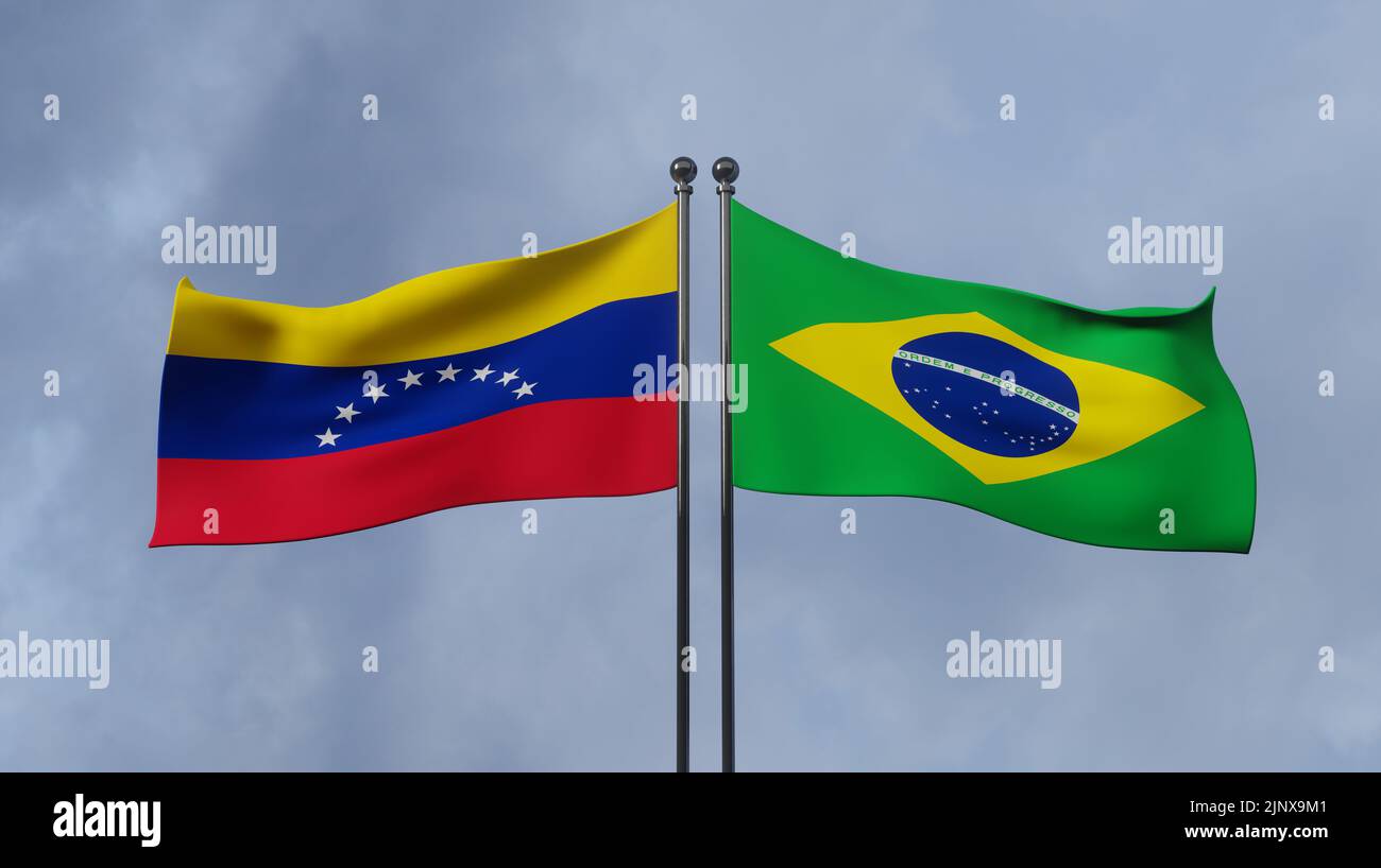 Venezuela and Brazil flags. Venezuela flag and Brazil flag. 3D work and 3D image Stock Photo