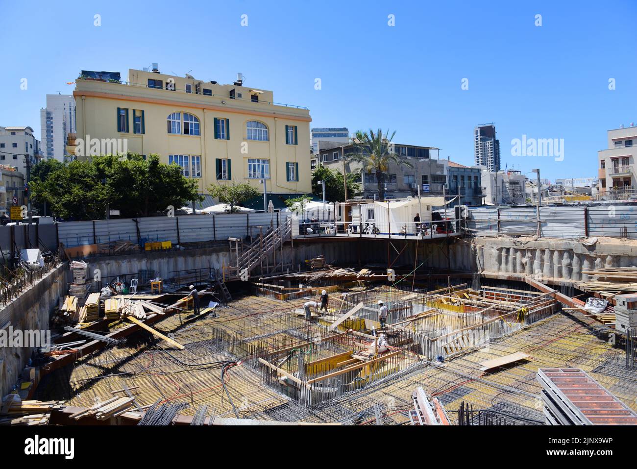 A construction site at the spot of the historical Kolnoa Allenby, Tel Aviv’s Temple of Nightlife in the late 80s and 90s. Tel-Aviv, Israel. Stock Photo