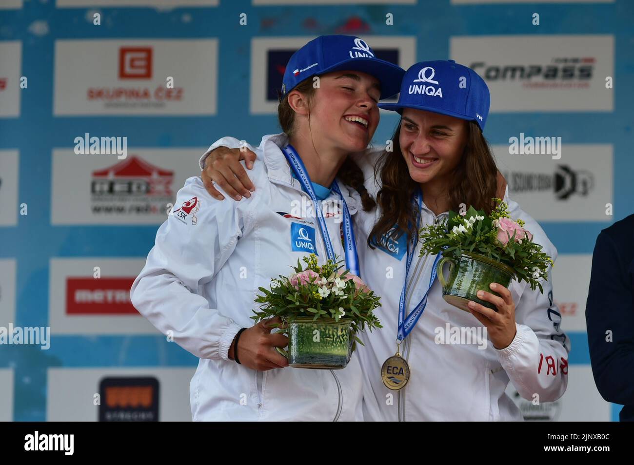 Ceske Budejovice, Czech Republic. 14th Aug, 2022. From right Czech Gabriela Satkova won gold medal and Tereza Kneblova silver medal after the the 2022 ECA junior and U23 canoe slalom European Championships in Ceske Budejovice, Czech Republic, August 14, 2022. Credit: Vaclav Pancer/CTK Photo/Alamy Live News Stock Photo