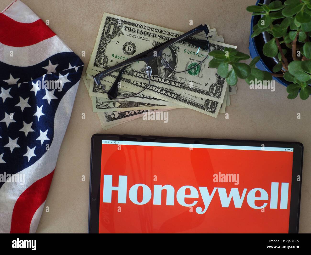 In this photo illustration, Honeywell International Inc. logo seen displayed on a tablet Stock Photo