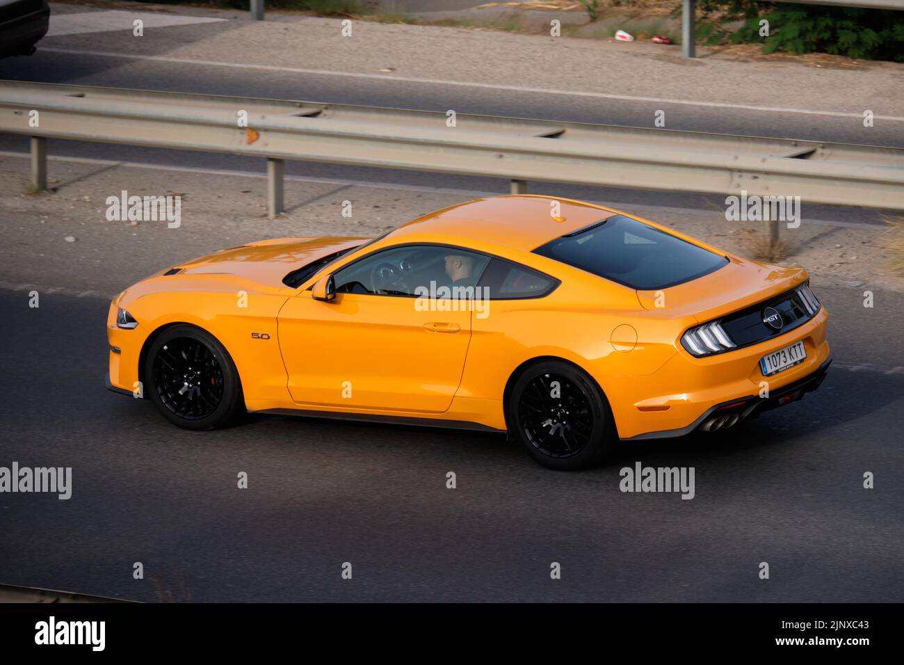 2019 Ford Mustang 5.0 GT on Highway. Malaga province, Spain. Stock Photo