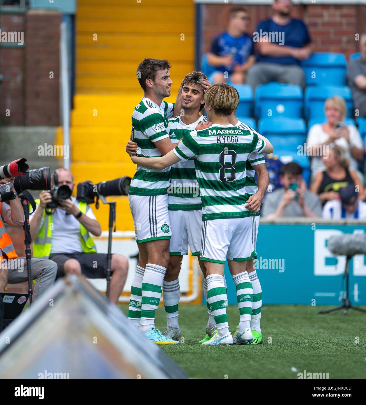 Kilmarnock, Scotland, UK. Kilmarnock, Scotland, UK. 14th August 2022; The BBSP Stadium Rugby Park, Kilmarnock, Scotland: Scottish premier league football, Kilmarnock FC versus Celtic: Joao Pedro Neves Filipe Jota of Celtic celebrates after he puts Celtic into a 2-0 lead in the 35th minute Credit: Action Plus Sports Images/Alamy Live News Credit: Action Plus Sports Images/Alamy Live News Stock Photo
