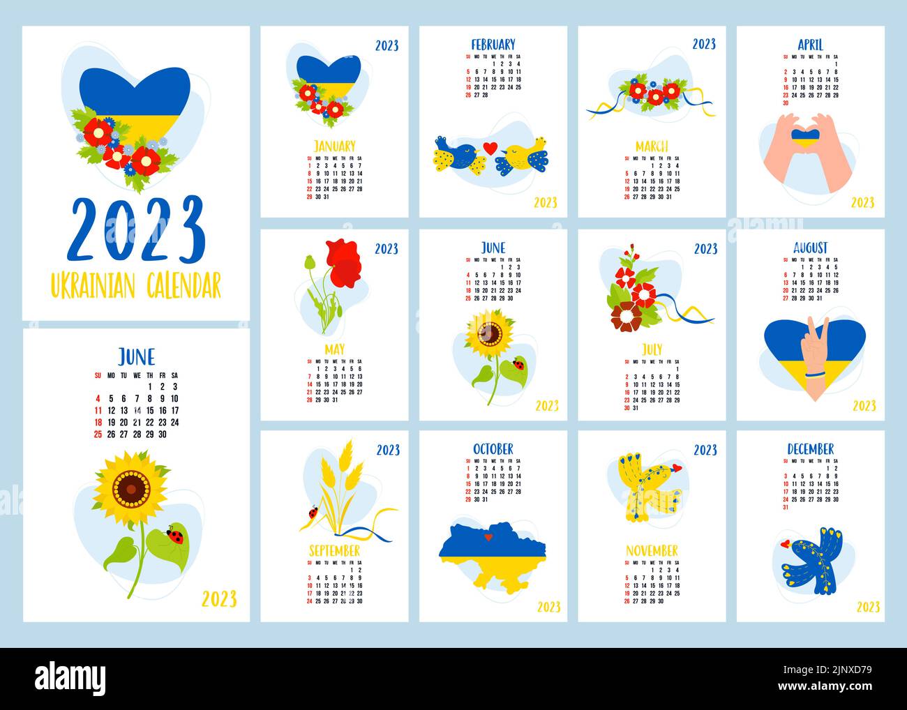 Calendar template 2023 with Ukrainian symbols, flowers, birds and yellow blue flag and map of Ukraine. Vertical set of 12 pages and cover in English Stock Vector
