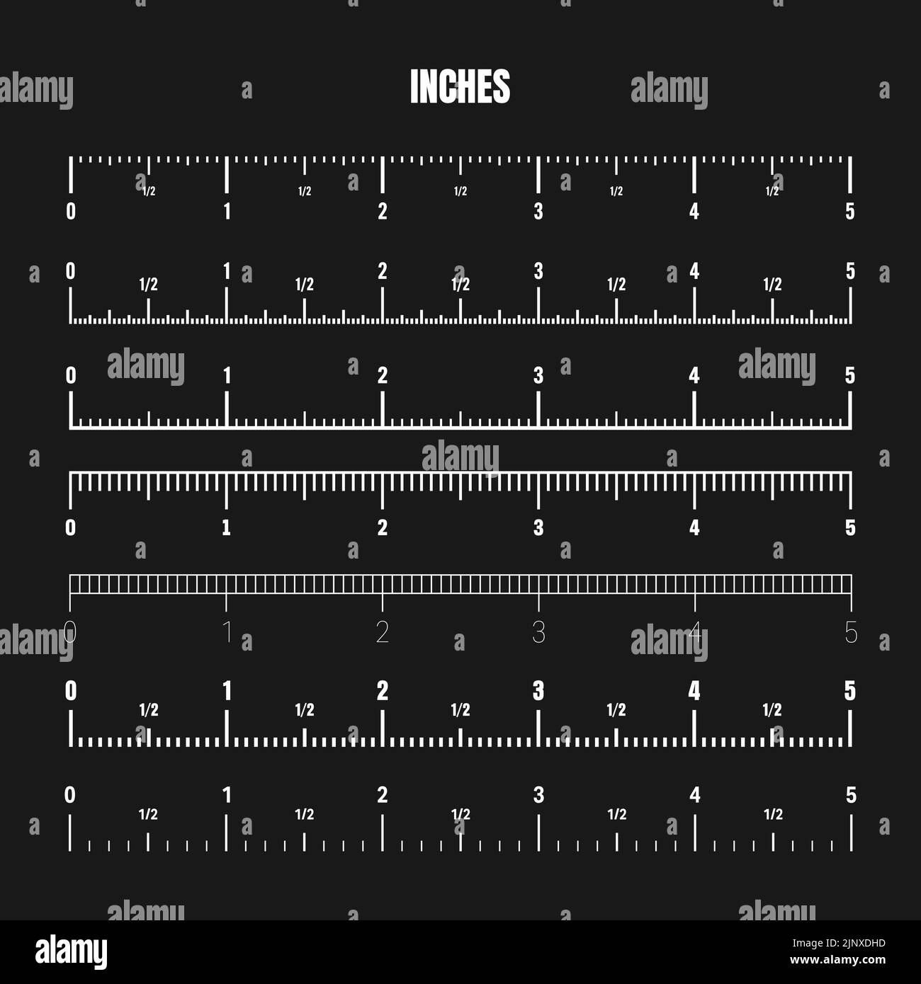 Realistic white inch scale for measuring length or height. Various