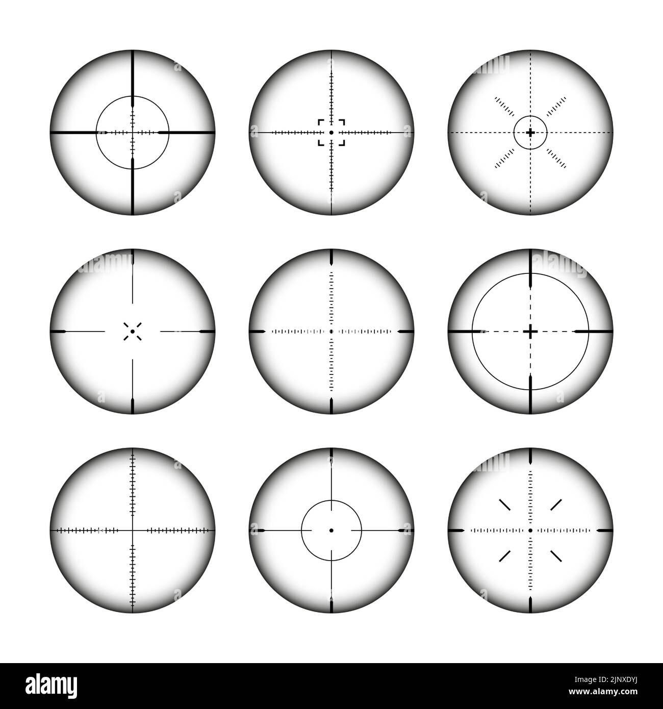 Various weapon sights, sniper rifle optical scopes. Hunting gun