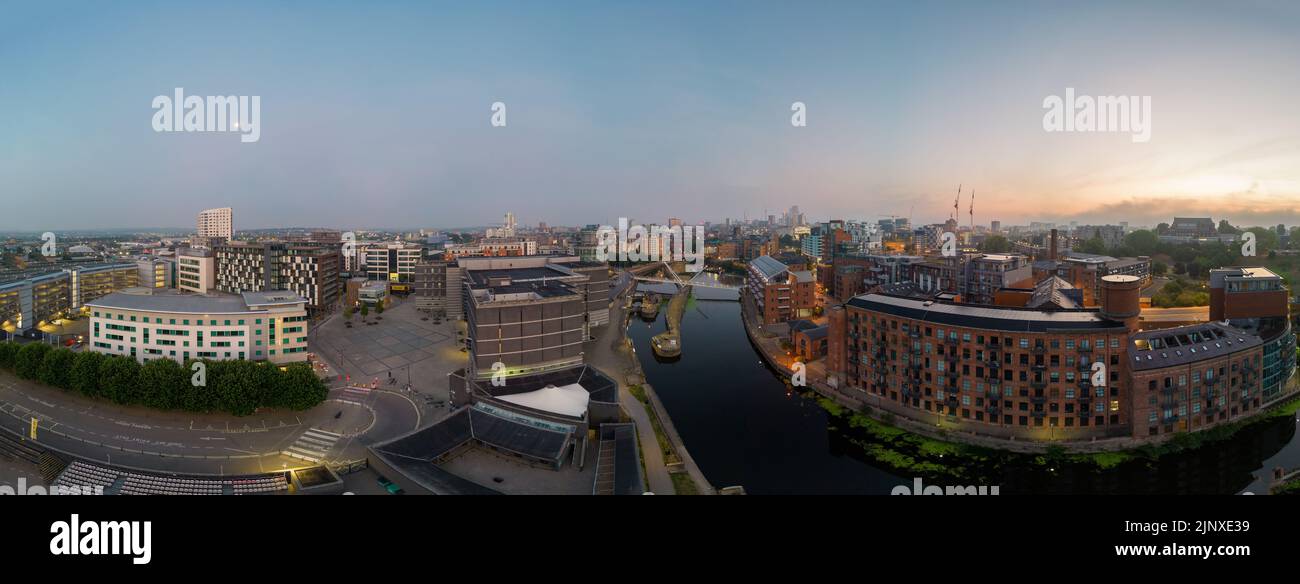 A drone aerial panorama showing the Leeds docks and surrounding area including the royal armories Stock Photo