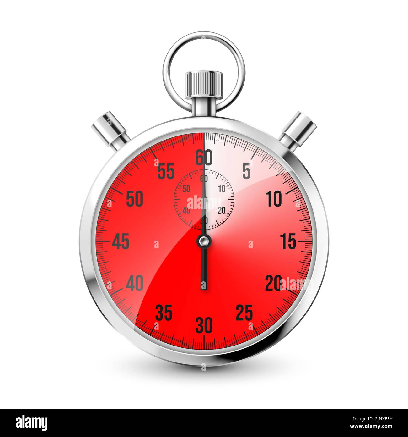Realistic classic stopwatch icon. Shiny metal chronometer, time counter with dial. Red countdown