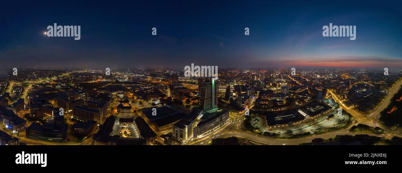 Drone shot of Leeds City Centre at dawn showing Bridgewater Place and surrounding area Stock Photo