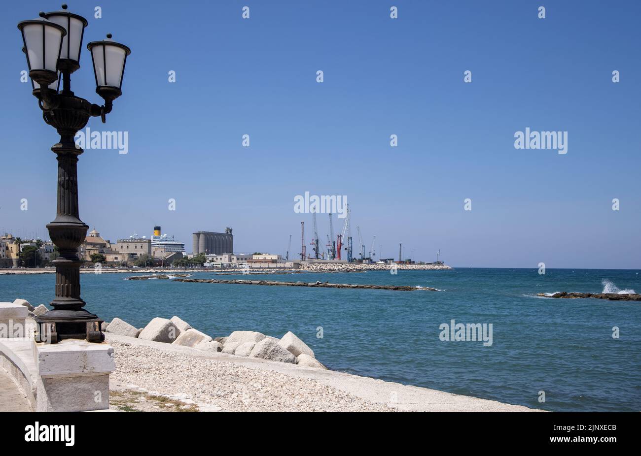 street lights in the fine port and harbour front in bari on the adriatic sea puglia italy Stock Photo