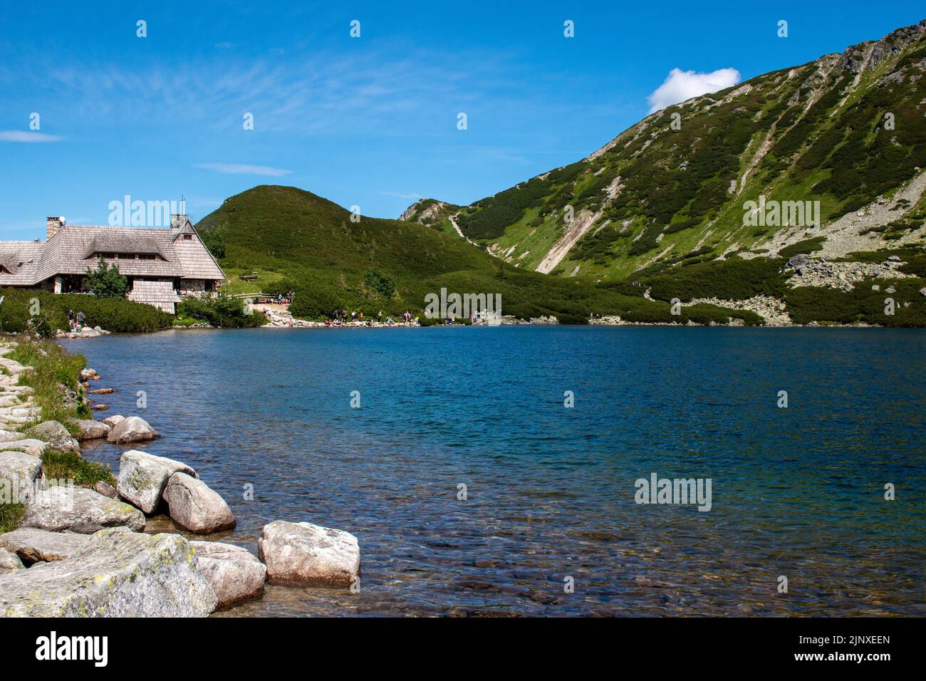 Schronisko w Dolinie Pieciu Stawow Mountain hut  by the lake in Tatry mountains near Zakopane, Poland Stock Photo