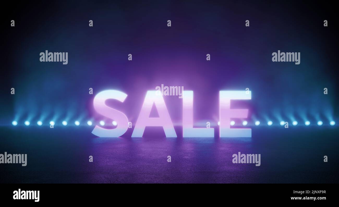 Sale inscription illuminated by neon colour lights. Colourfully lit fog in background. Template for adding your content. Stock Photo