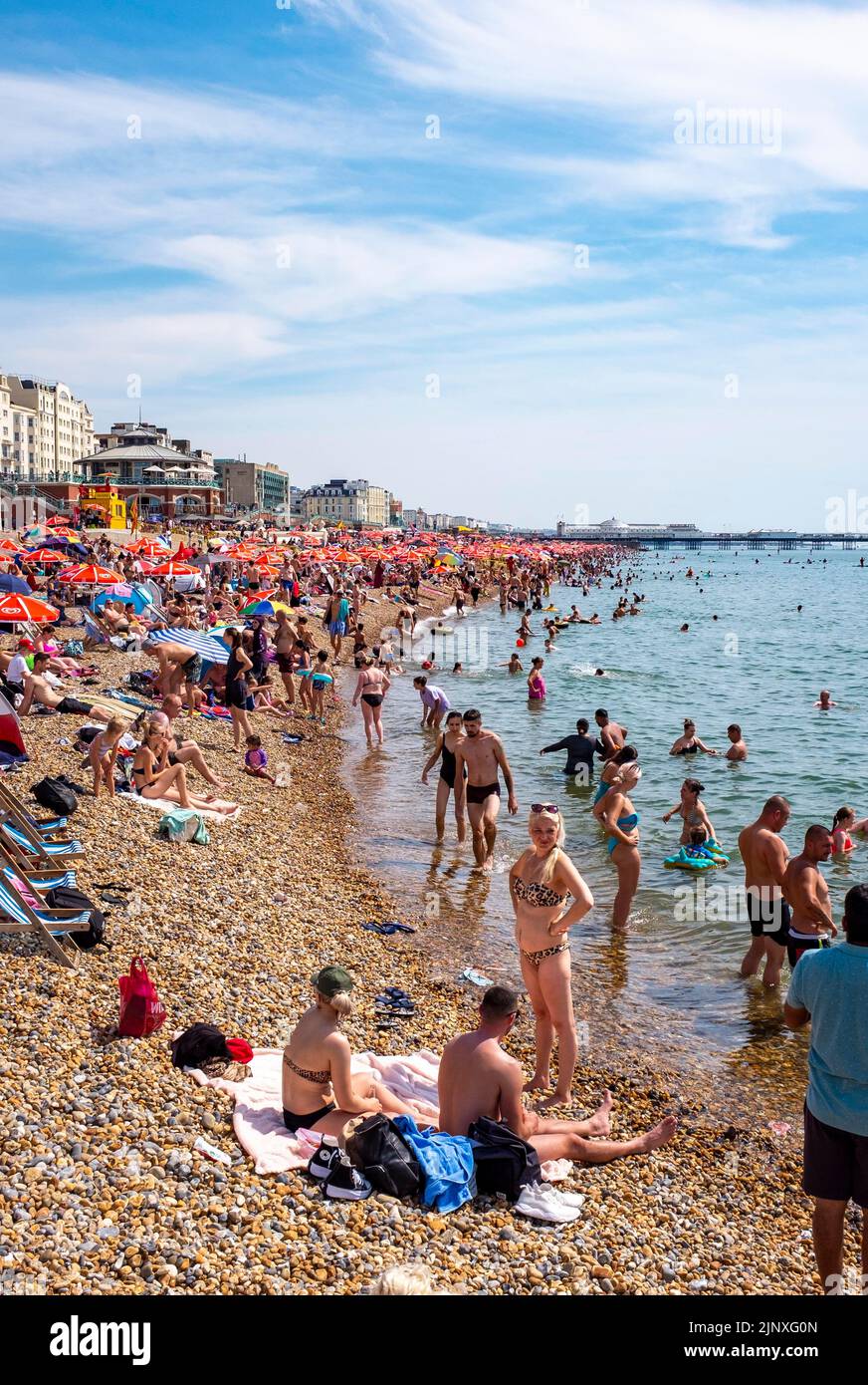 Brighton UK 14th August 2022 - Brighton beach is packed in hot sunshine as sunbathers make the most of the heatwave weather in the South East but it is set to change with thunderstorms forecast for the next few days  : Credit Simon Dack / Alamy Live News Stock Photo