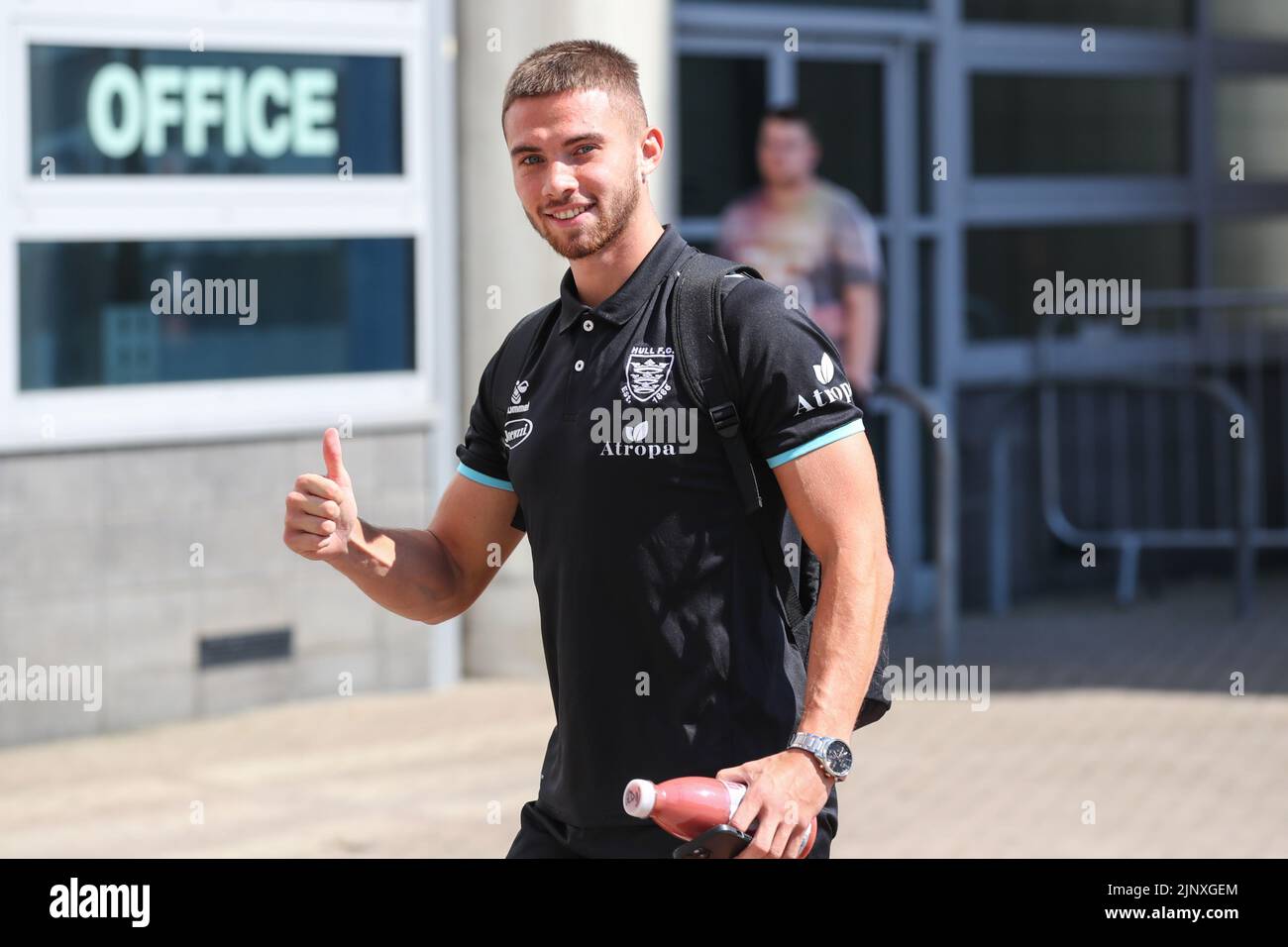 Jack Walker #36 of Hull FC arrives at the MKM Stadium in, on 8/14/2022. (Photo by David Greaves/News Images/Sipa USA) Credit: Sipa USA/Alamy Live News Stock Photo