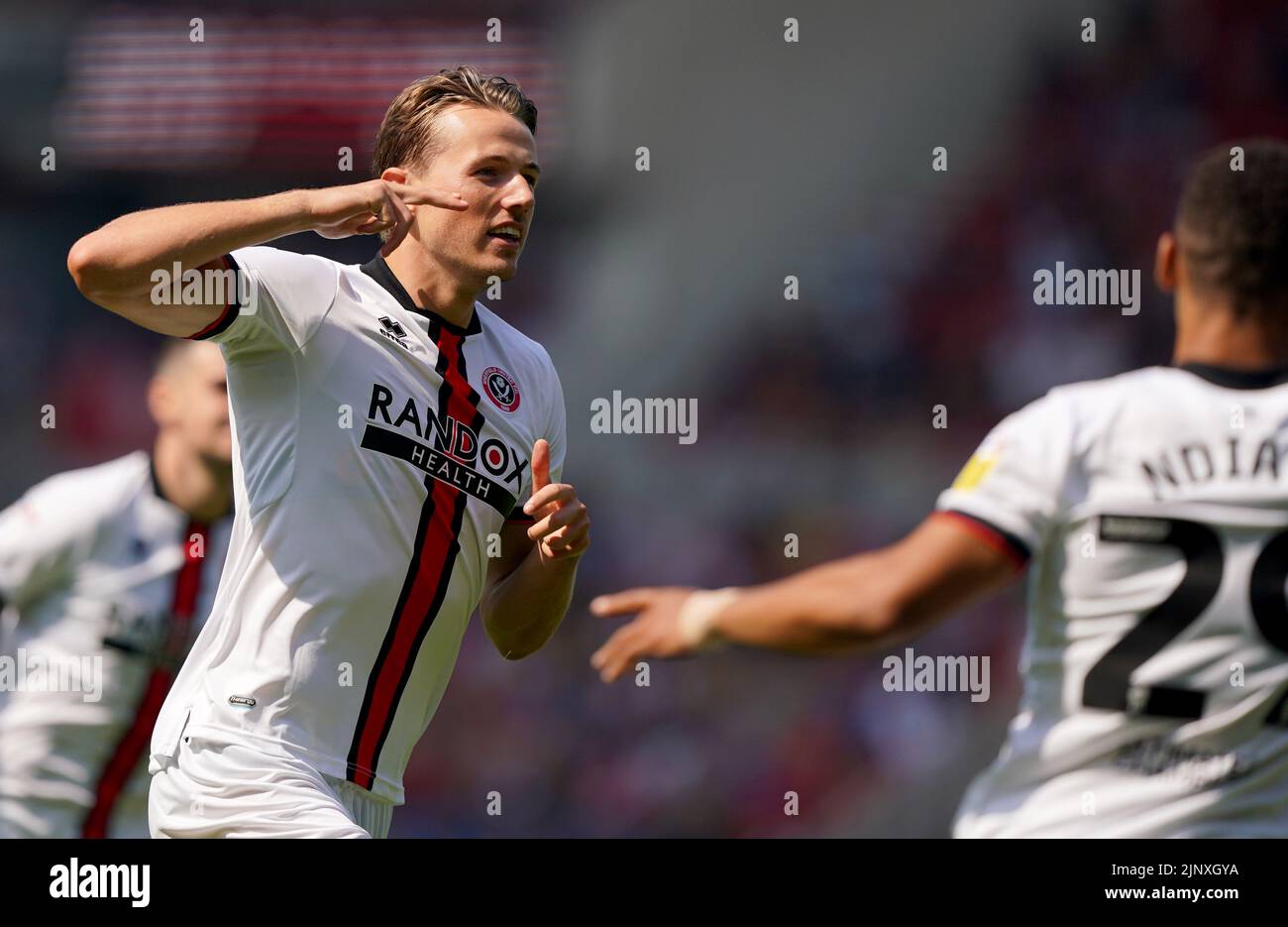 Sheffield United's Sander Berge celebrates scoring the opening goal during the Sky Bet Championship match at the Riverside Stadium, Middlesbrough. Picture date: Sunday August 14, 2022. Stock Photo