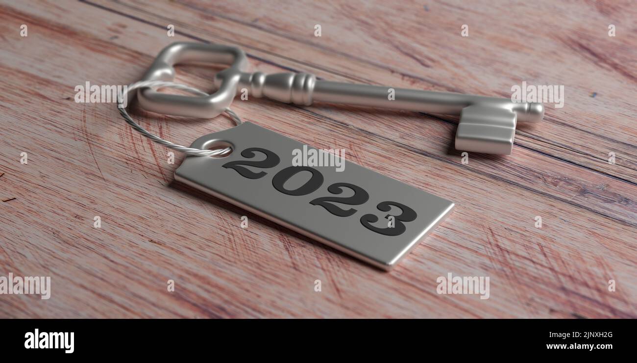 2023 New Year, old silver door key and tag number on wooden table background. 3d render Stock Photo