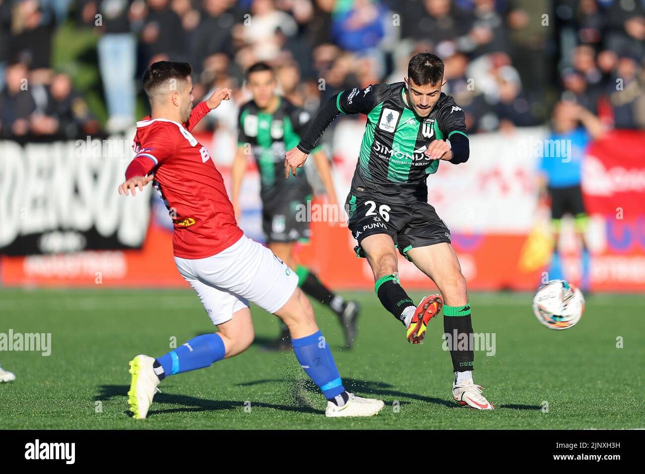 14 August 2022, Sydney United Sports Centre, Sydney Australia: Australia Cup Sydney United 58 FC versus Western United: Rene Krhin of Western United takes a shot on goal Stock Photo