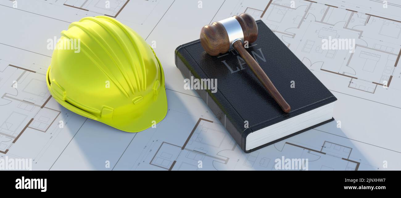 Labor, Construction law. Yellow safety hardhat and judge gavel on building blueprint plans. 3d render Stock Photo