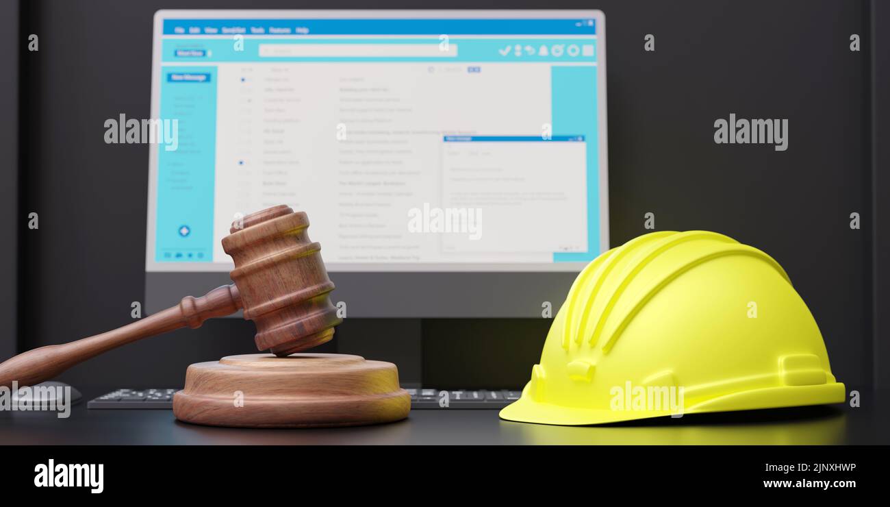 Labor, Construction lawyer. Yellow safety hardhat, judge gavel and computer laptop on a table, close up. 3d render Stock Photo