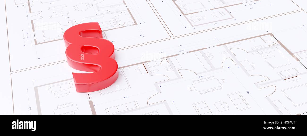 Labor and Construction law concept. Red Law paragraph, section sign on building blueprint plans, 3d render Stock Photo