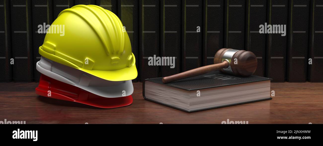 Labor, Construction lawyer. Safety hardhats and judge gavel wooden office table, Law books background. 3d render Stock Photo